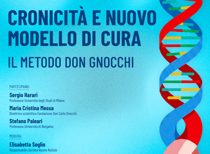 Locandina dell'evento Cronicità e nuovo modello di cura: il metodo Don Gnocchi con grafica a doppia elica del DNA.