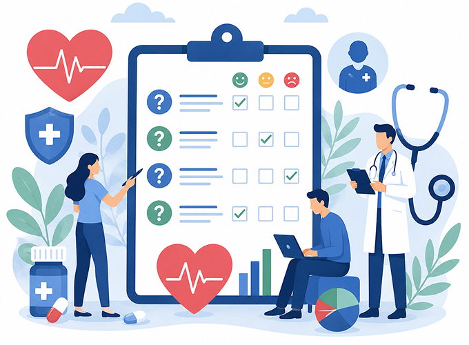 llustrazione di un questionario sulla salute con medico, cittadini e simboli sanitari che rappresentano un sondaggio sulla spesa sanitaria e l'accesso alle cure.