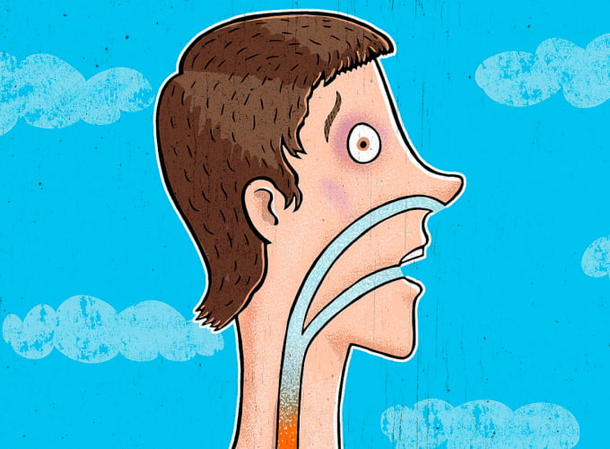 Disegno di persona con bocca aperta e vie respiratorie evidenziate, immagine simbolica della mancanza di respiro e dei problemi respiratori.