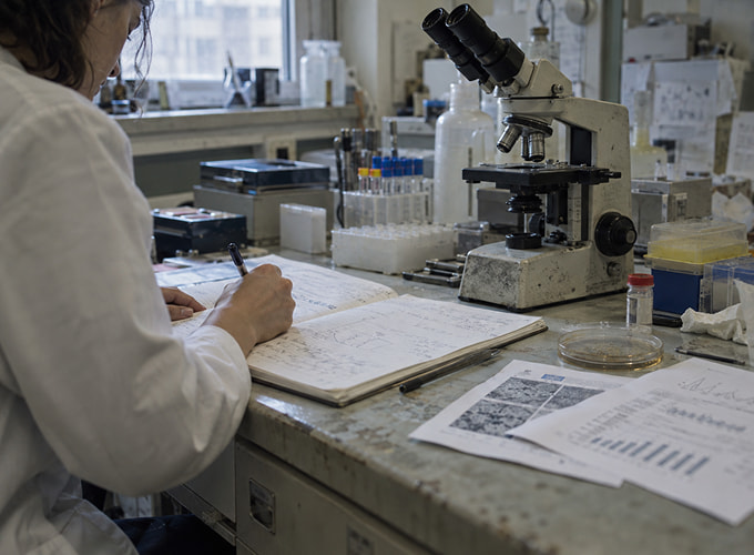 Ricercatrice prende appunti accanto a un microscopio in un laboratorio.
