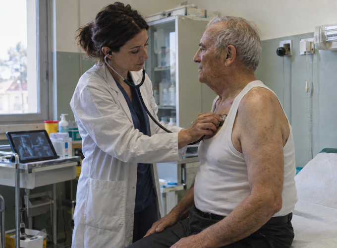 Dottoressa ausculta un paziente anziano mentre un dispositivo mostra immagini diagnostiche.